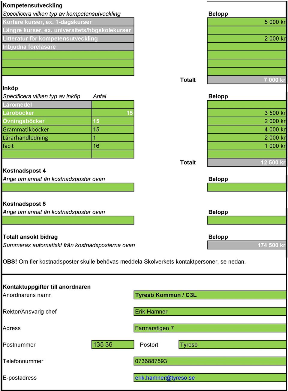 Grammatikböcker Lärarhandledning facit 7 000 kr 15 3 500 kr 15 2 000 kr 15 4 000 kr 1 2 000 kr 16 1 000 kr Kostnadspost 4 Ange om annat än kostnadsposter ovan Totalt 12 500 kr Kostnadspost 5 Ange om