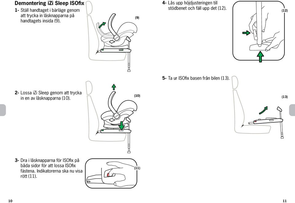 (12) 5- Ta ur ISOfix basen från bilen (13). 2- Lossa izi Sleep genom att trycka in en av låsknapparna (10).