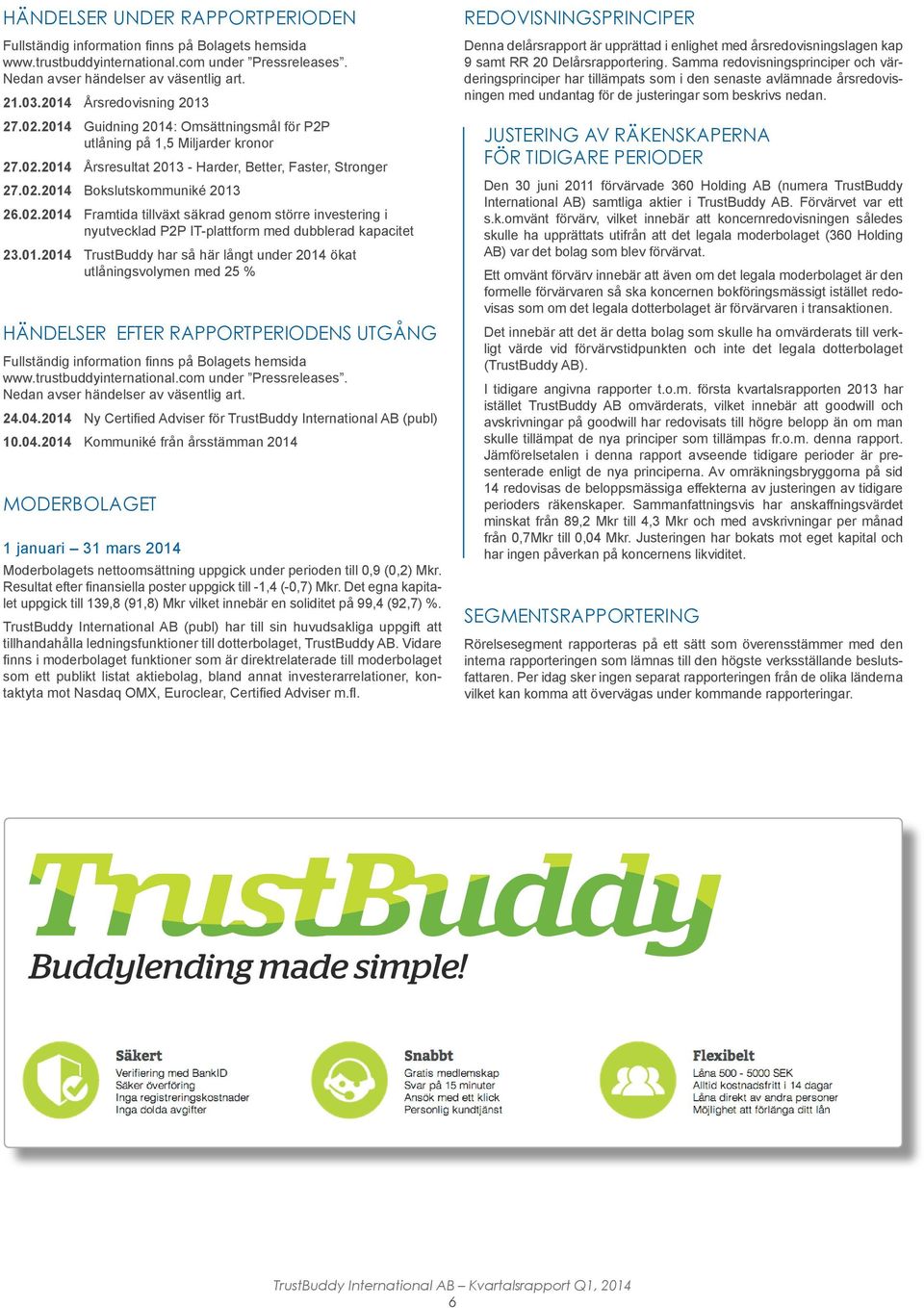 01.2014 TrustBuddy har så här långt under 2014 ökat utlåningsvolymen med 25 % HÄNDELSER EFTER RAPPORTPERIODENS UTGÅNG Fullständig information finns på Bolagets hemsida www.trustbuddyinternational.