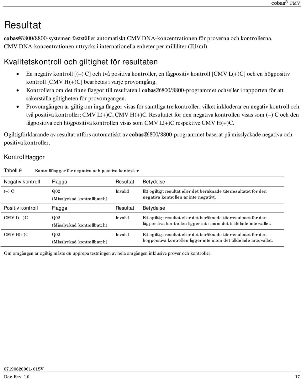 provomgång. Kontrollera om det finns flaggor till resultaten i cobas 6800/8800-programmet och/eller i rapporten för att säkerställa giltigheten för provomgången.