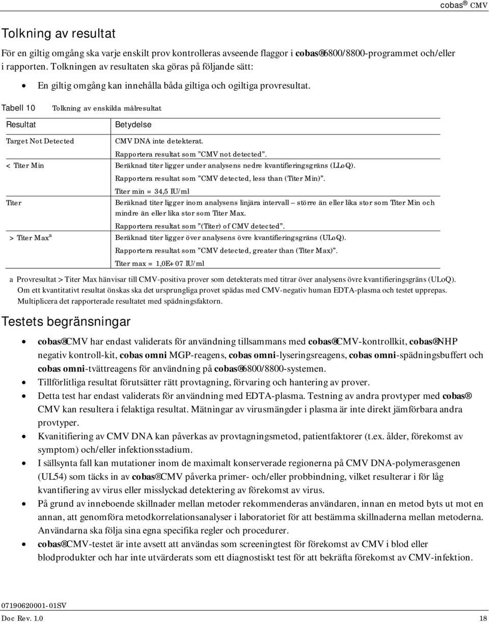 Tabell 10 Resultat Tolkning av enskilda målresultat Betydelse Target Not Detected CMV DNA inte detekterat. Rapportera resultat som CMV not detected.