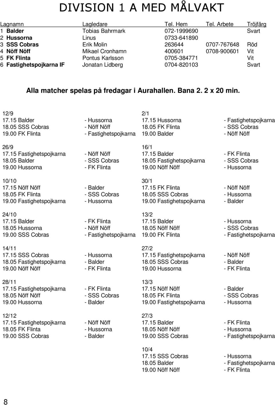 Pontus Karlsson 0705-384771 Vit 6 Fastighetspojkarna IF Jonatan Lidberg 0704-820103 Svart Alla matcher spelas på fredagar i Aurahallen. Bana 2. 2 x 20 min. 12/9 17.15 Balder - Hussorna 18.