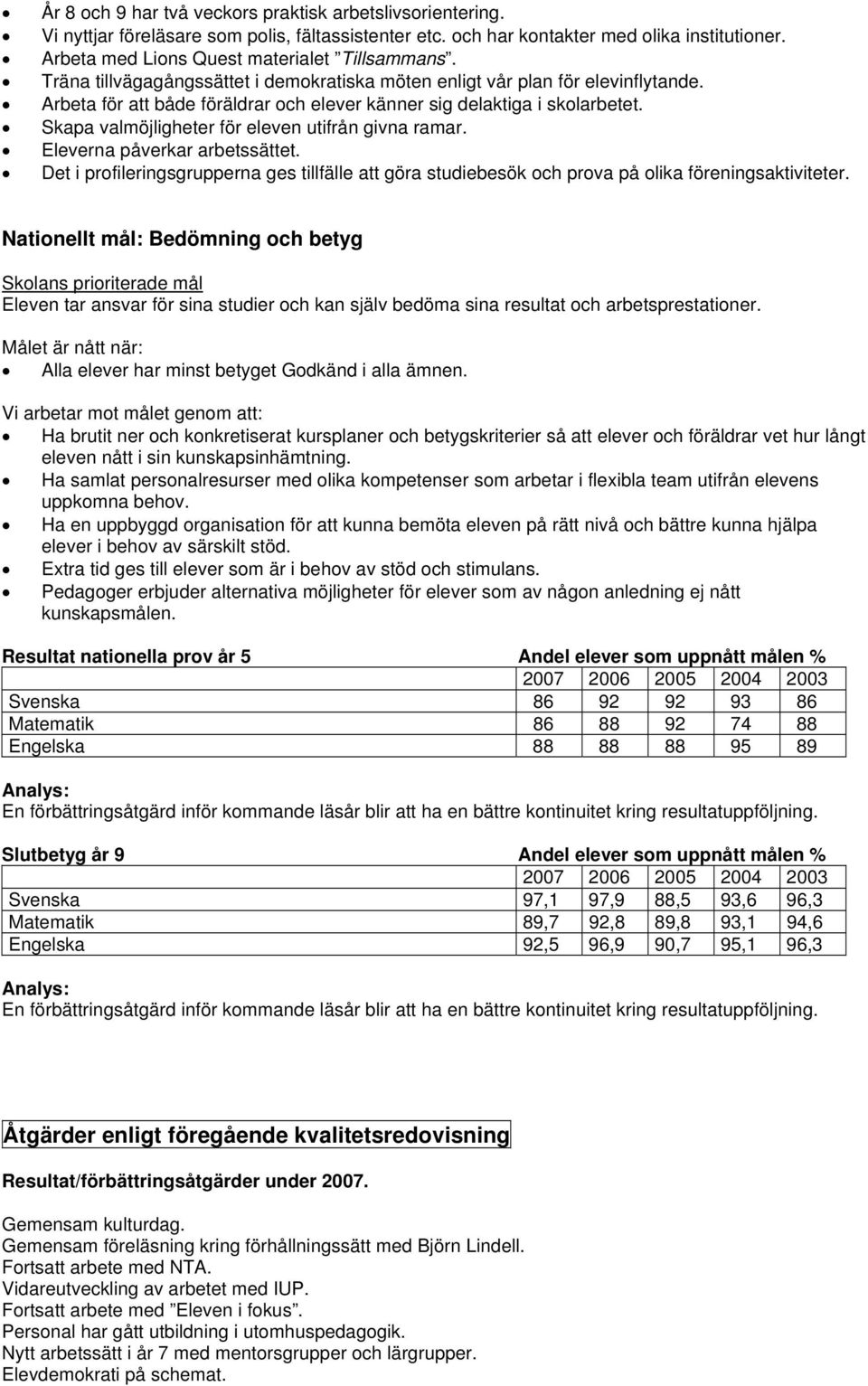 Arbeta för att både föräldrar och elever känner sig delaktiga i skolarbetet. Skapa valmöjligheter för eleven utifrån givna ramar. Eleverna påverkar arbetssättet.