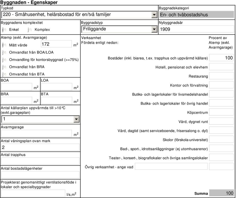 Avarmgarage) i 172 BOA BRA Mätt värde m 2 Omvandlat från BOA/LOA Omvandling för kontorsbyggnad (>=75%) Omvandlat från BRA Omvandlat från BTA m 2 LOA m 2 BTA Antal källarplan uppvärmda till >10 C