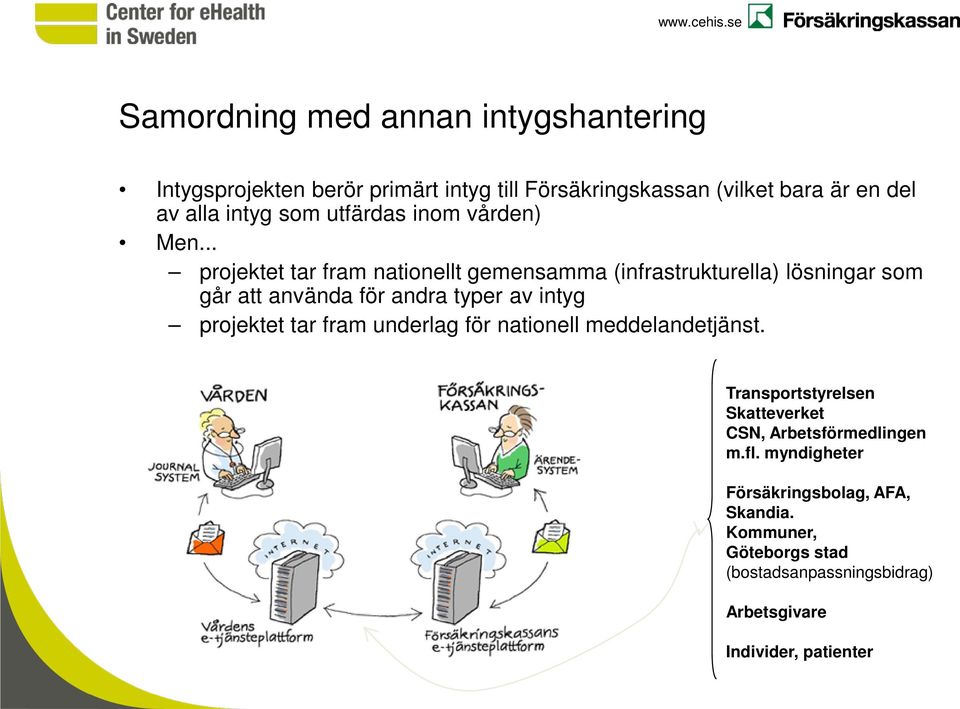 .. projektet tar fram nationellt gemensamma (infrastrukturella) lösningar som går att använda för andra typer av intyg projektet tar