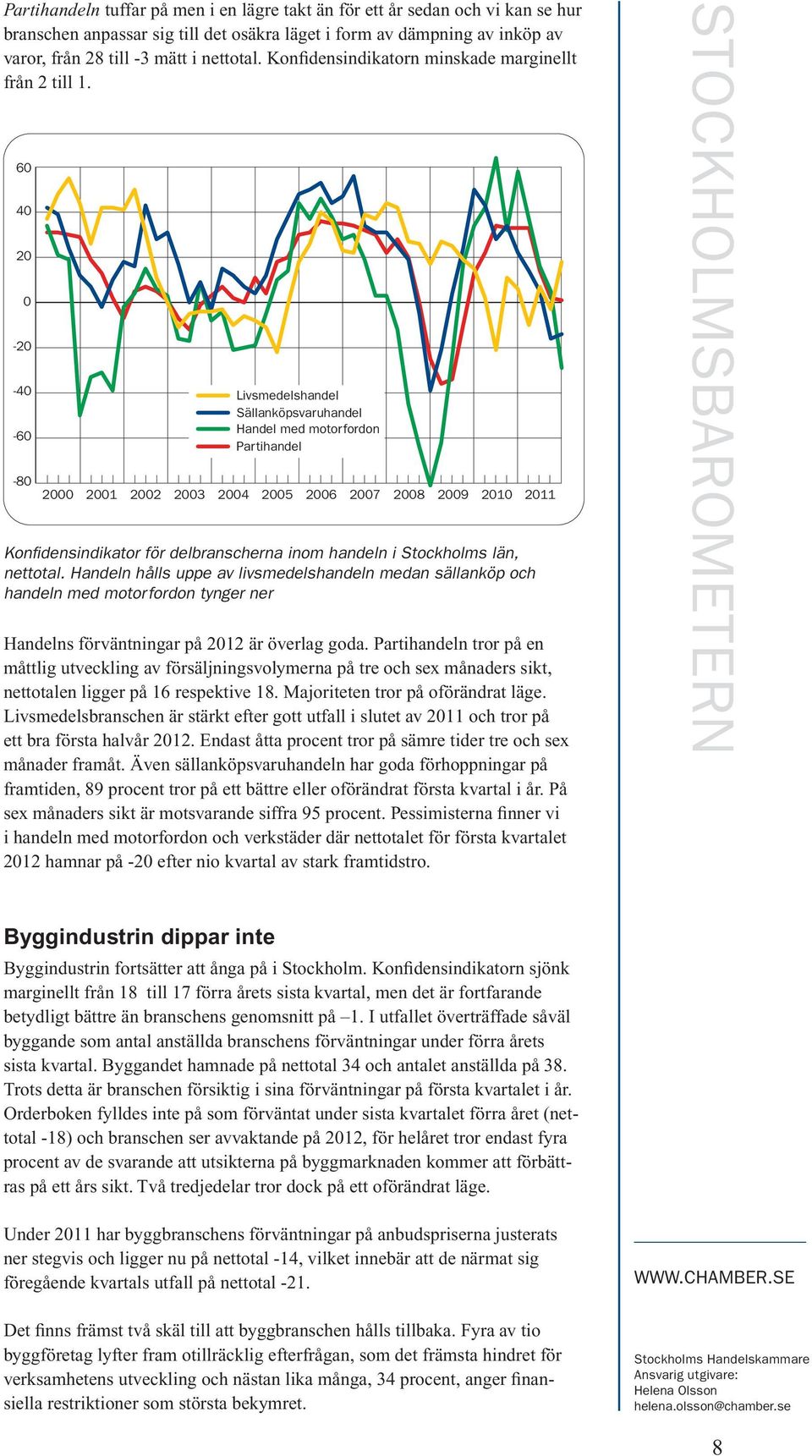 6 4 2-2 -4-6 -8 21 23 Livsmedelshandel Sällanköpsvaruhandel Handel med motorfordon Partihandel 24 25 26 27 28 29 21 Konfidensindikator för delbranscherna inom handeln i Stockholms län, nettotal.