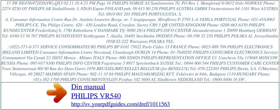 09 615 80 250 PHILIPS AUSTRIA GMBH Triesterstrasse 64 1101 Wien AUSTRIA Tel: 0810 001 203 PHILIPS PORTUGUESA, S. A. Consumer Information Centre Rua Dr. António Loureiro Borge, nr.