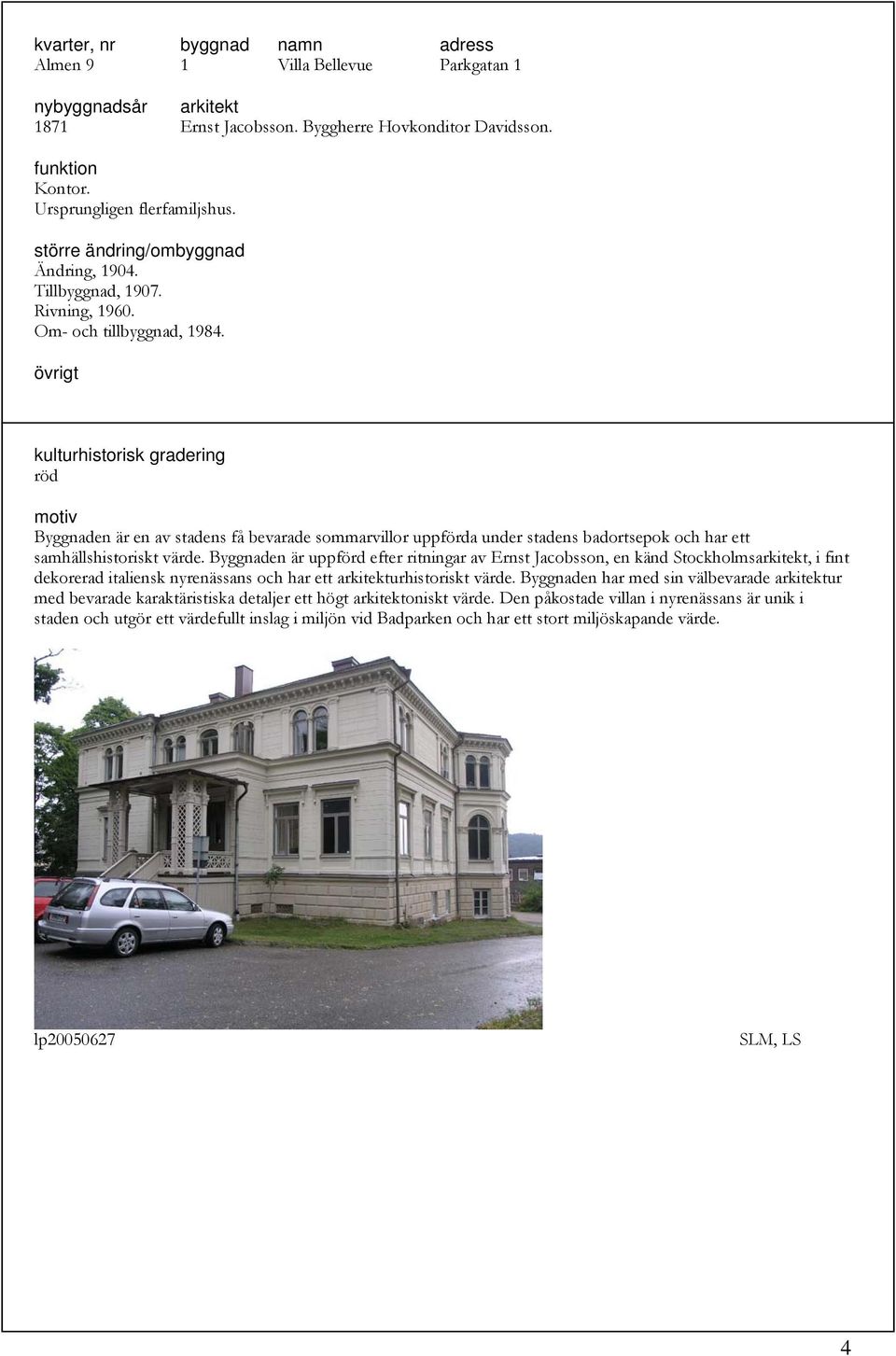 Byggnaden är uppförd efter ritningar av Ernst Jacobsson, en känd Stockholmsarkitekt, i fint dekorerad italiensk nyrenässans och har ett arkitekturhistoriskt värde.