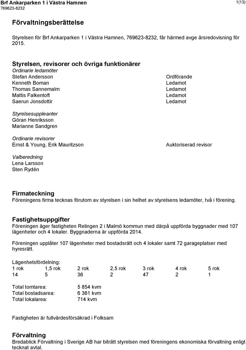 Styrelsesuppleanter Göran Henriksson Marianne Sandgren Ordinarie revisorer Ernst & Young, Erik Mauritzson Auktoriserad revisor Valberedning Lena Larsson Sten Rydén Firmateckning Föreningens firma