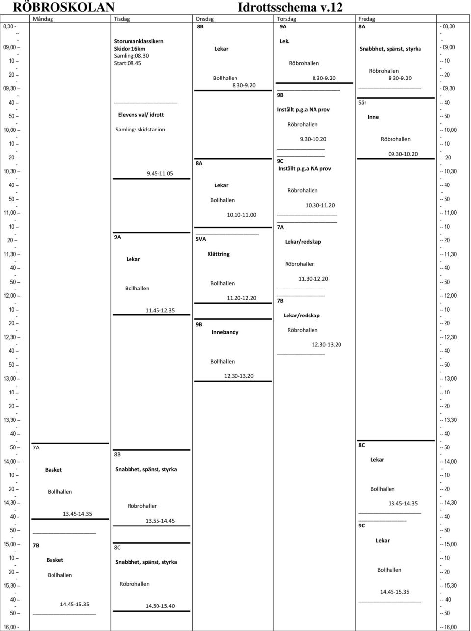 45 Snabbhet, spänst, styrka 14.5015.40 8A 8.309.20 10.1011.00 SVA 9B Klättring Innebandy 11.2012.20 12.3013.20 Lek. 8.309.20 9B Inställt p.g.a NA prov 9.3010.20 9C Inställt p.g.a NA prov 10.3011.