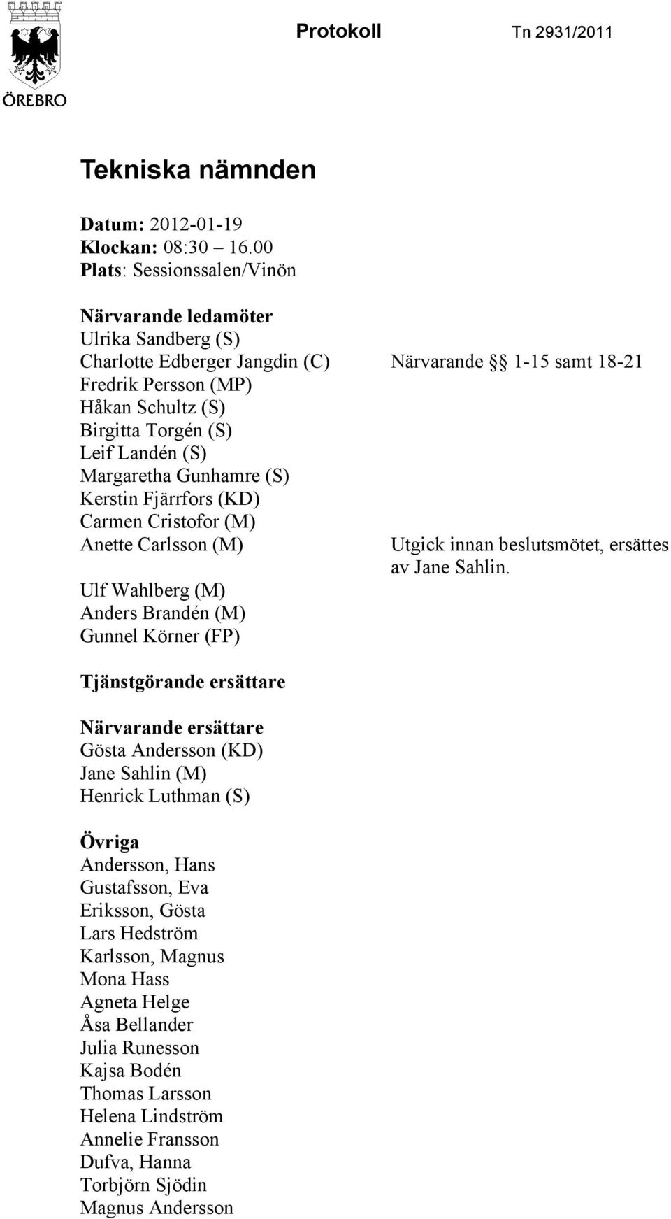 (S) Margaretha Gunhamre (S) Kerstin Fjärrfors (KD) Carmen Cristofor (M) Anette Carlsson (M) Ulf Wahlberg (M) Anders Brandén (M) Gunnel Körner (FP) Tjänstgörande ersättare Närvarande ersättare Gösta