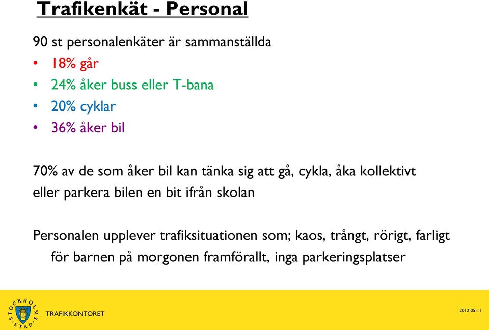 kollektivt eller parkera bilen en bit ifrån skolan Personalen upplever trafiksituationen