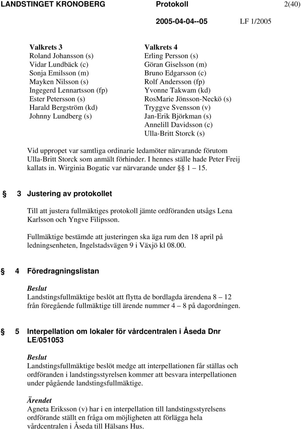 Annelill Davidsson (c) Ulla-Britt Storck (s) Vid uppropet var samtliga ordinarie ledamöter närvarande förutom Ulla-Britt Storck som anmält förhinder. I hennes ställe hade Peter Freij kallats in.