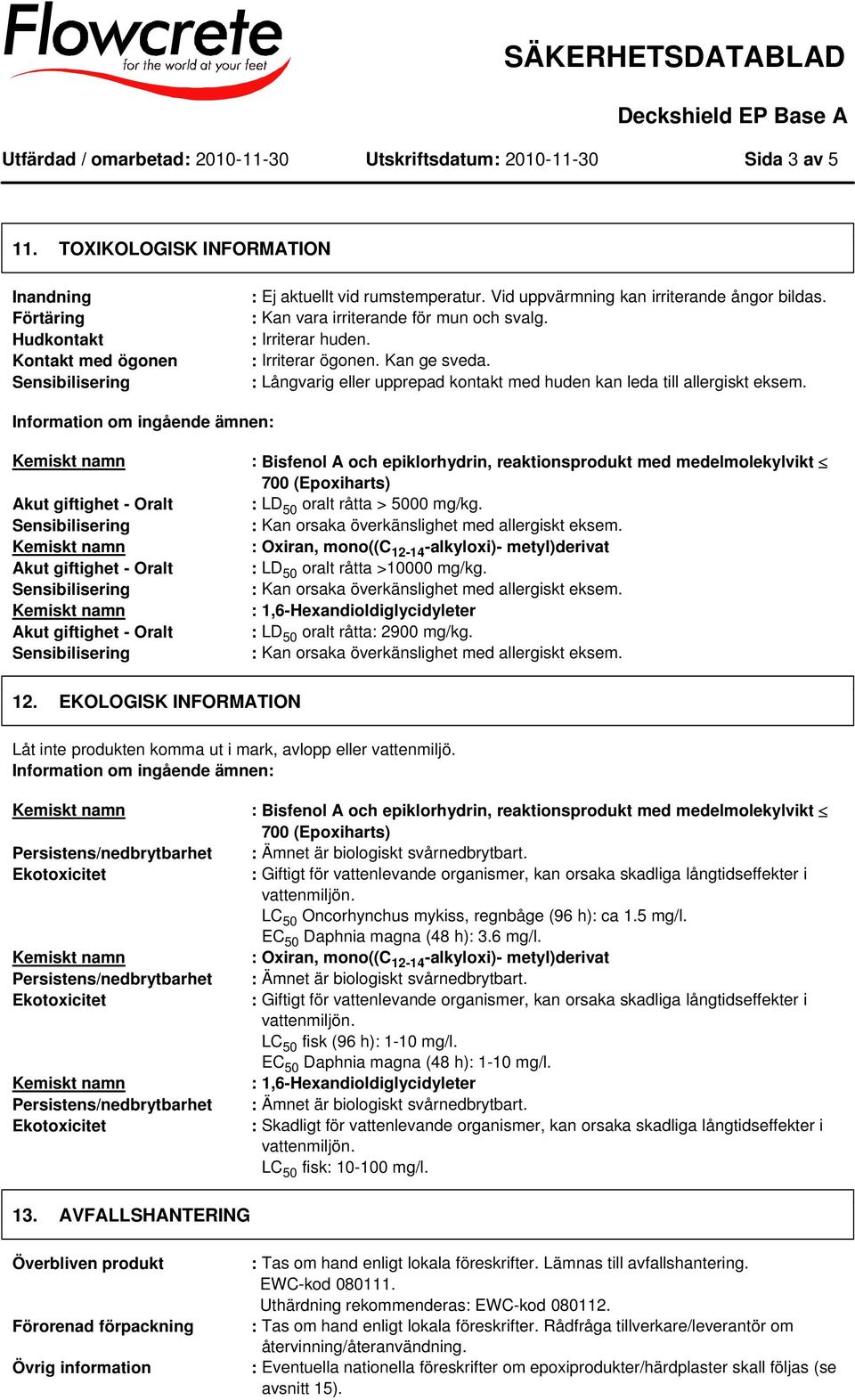 Information om ingående ämnen: : Bisfenol A och epiklorhydrin, reaktionsprodukt med medelmolekylvikt 700 (Epoxiharts) : LD 50 oralt råtta > 5000 mg/kg.