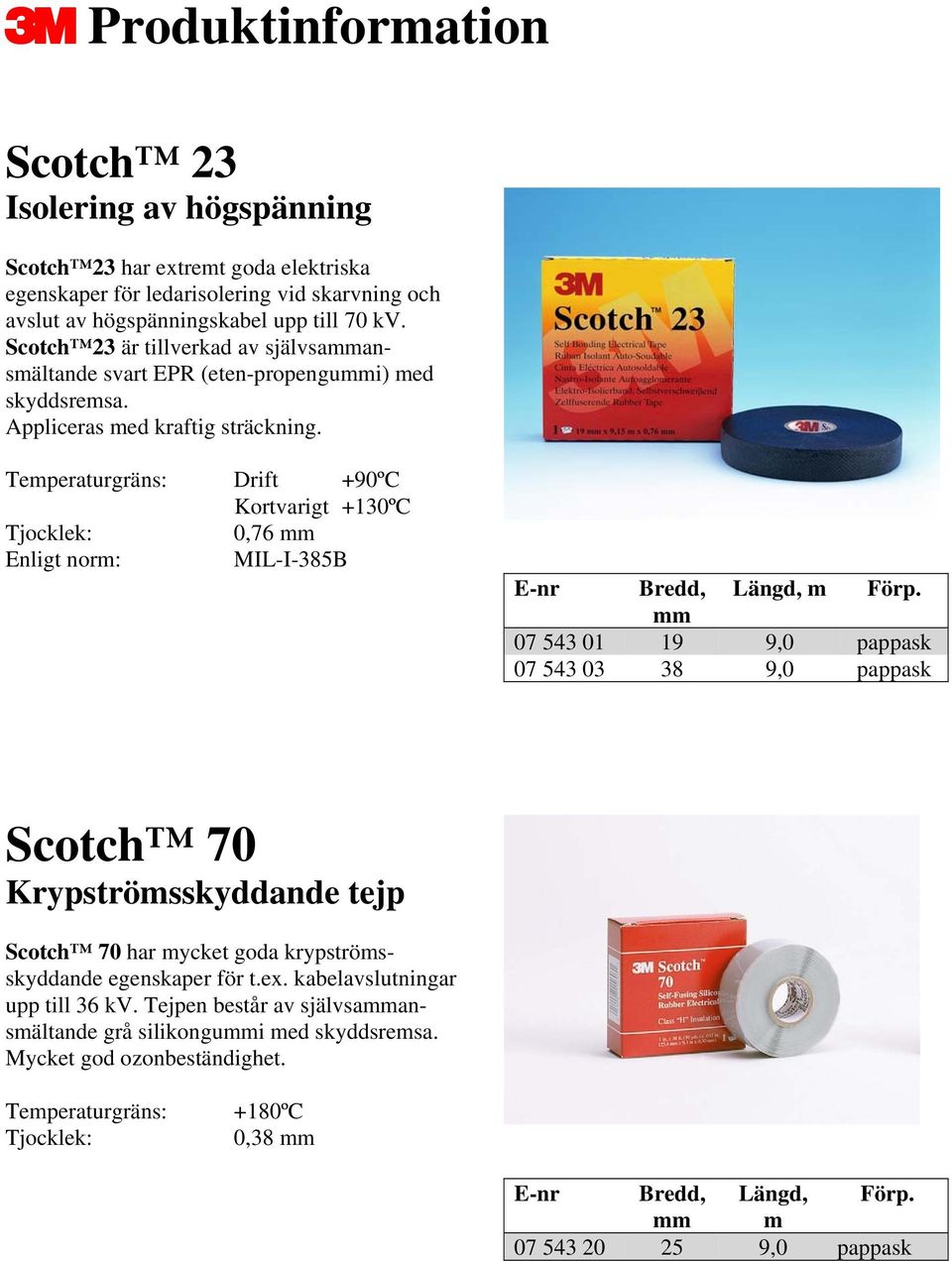 Temperaturgräns: Drift +90ºC Kortvarigt +130ºC 0,76 mm Enligt norm: MIL-I-385B E-nr Bredd, Längd, m Förp.