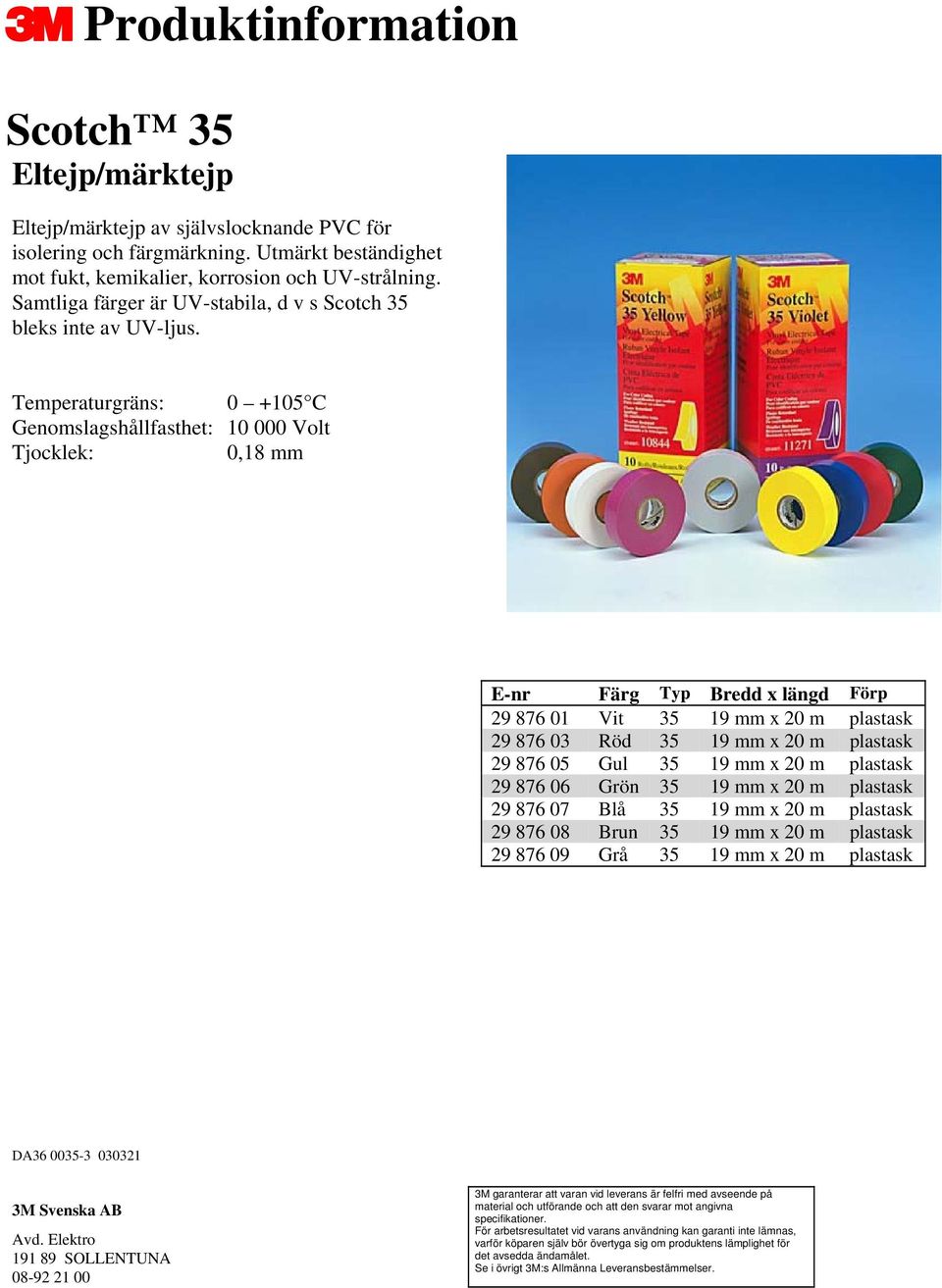 Temperaturgräns: 0 +105 C Genomslagshållfasthet: 10 000 Volt 0,18 mm E-nr Färg Typ Bredd x längd Förp 29 876 01 Vit 35 19 mm x 20 m plastask 29 876 03 Röd 35