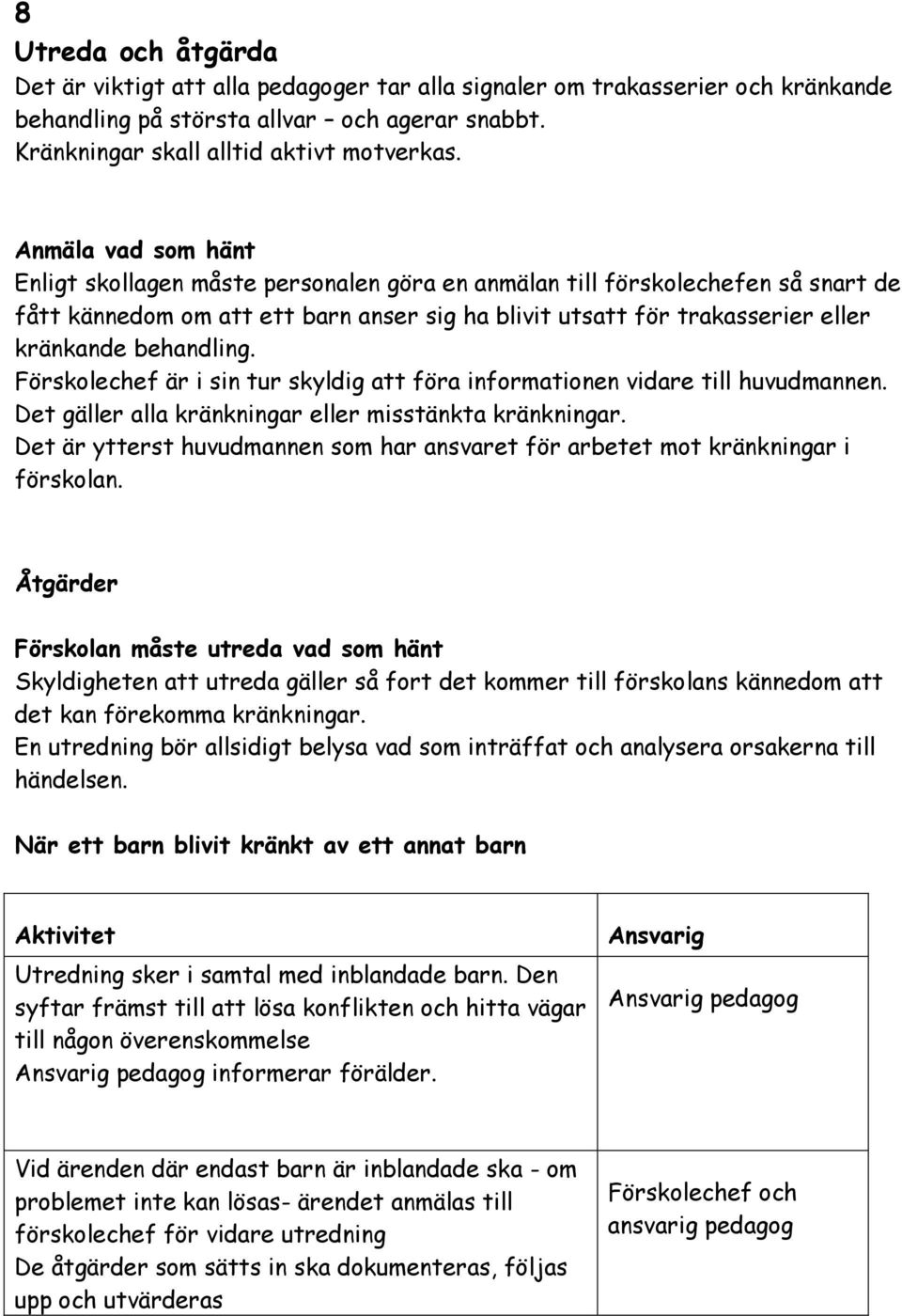 behandling. Förskolechef är i sin tur skyldig att föra informationen vidare till huvudmannen. Det gäller alla kränkningar eller misstänkta kränkningar.