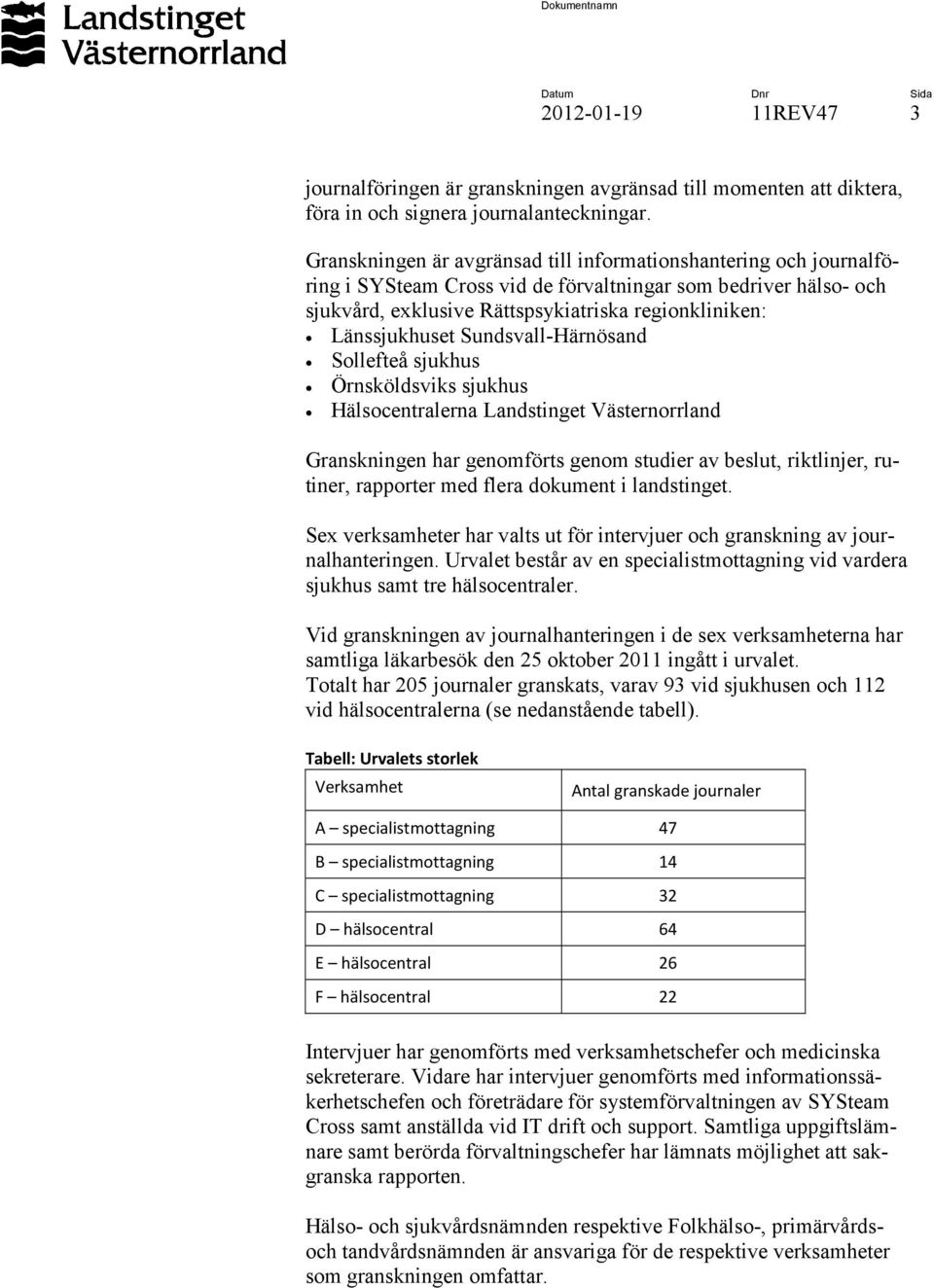 Sundsvall-Härnösand Sollefteå sjukhus Örnsköldsviks sjukhus Hälsocentralerna Landstinget Västernorrland Granskningen har genomförts genom studier av beslut, riktlinjer, rutiner, rapporter med flera