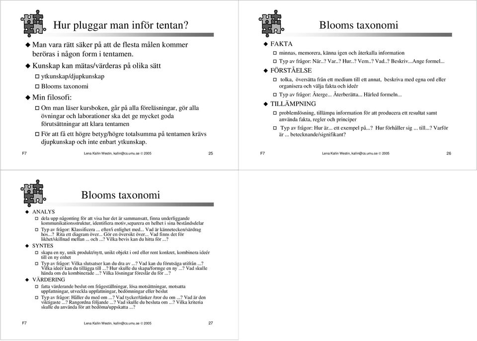goda förutsättningar att klara tentamen För att få ett högre betyg/högre totalsumma på tentamen krävs djupkunskap och inte enbart ytkunskap. F7 Lena Kallin Westin, kallin@cs.umu.