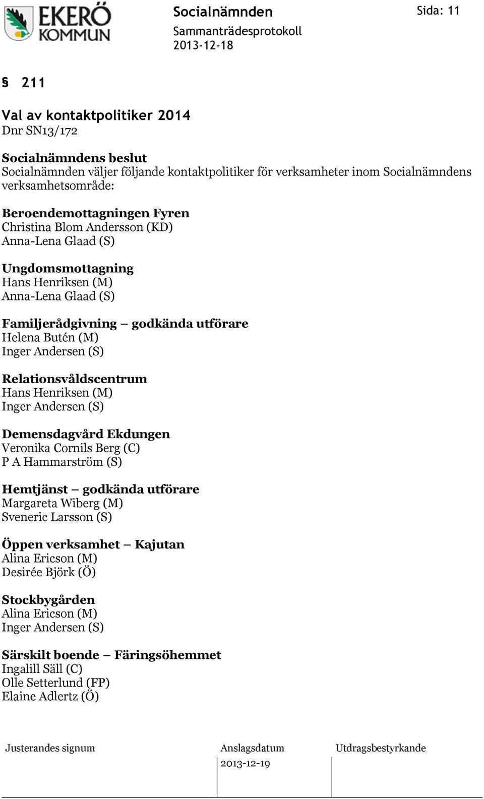 Butén (M) Relationsvåldscentrum Hans Henriksen (M) Demensdagvård Ekdungen Veronika Cornils Berg (C) P A Hammarström (S) Hemtjänst godkända utförare Margareta Wiberg (M)