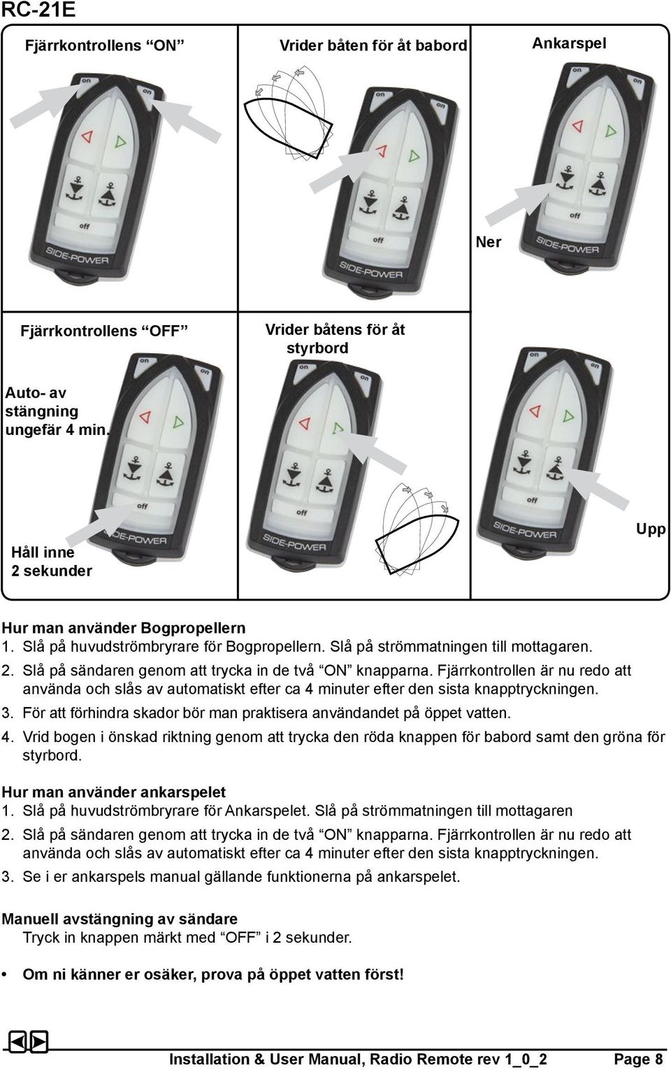 Fjärrkontrollen är nu redo att använda och slås av automatiskt efter ca 4 minuter efter den sista knapptryckningen. 3. För att förhindra skador bör man praktisera användandet på öppet vatten. 4. Vrid bogen i önskad riktning genom att trycka den röda knappen för babord samt den gröna för styrbord.