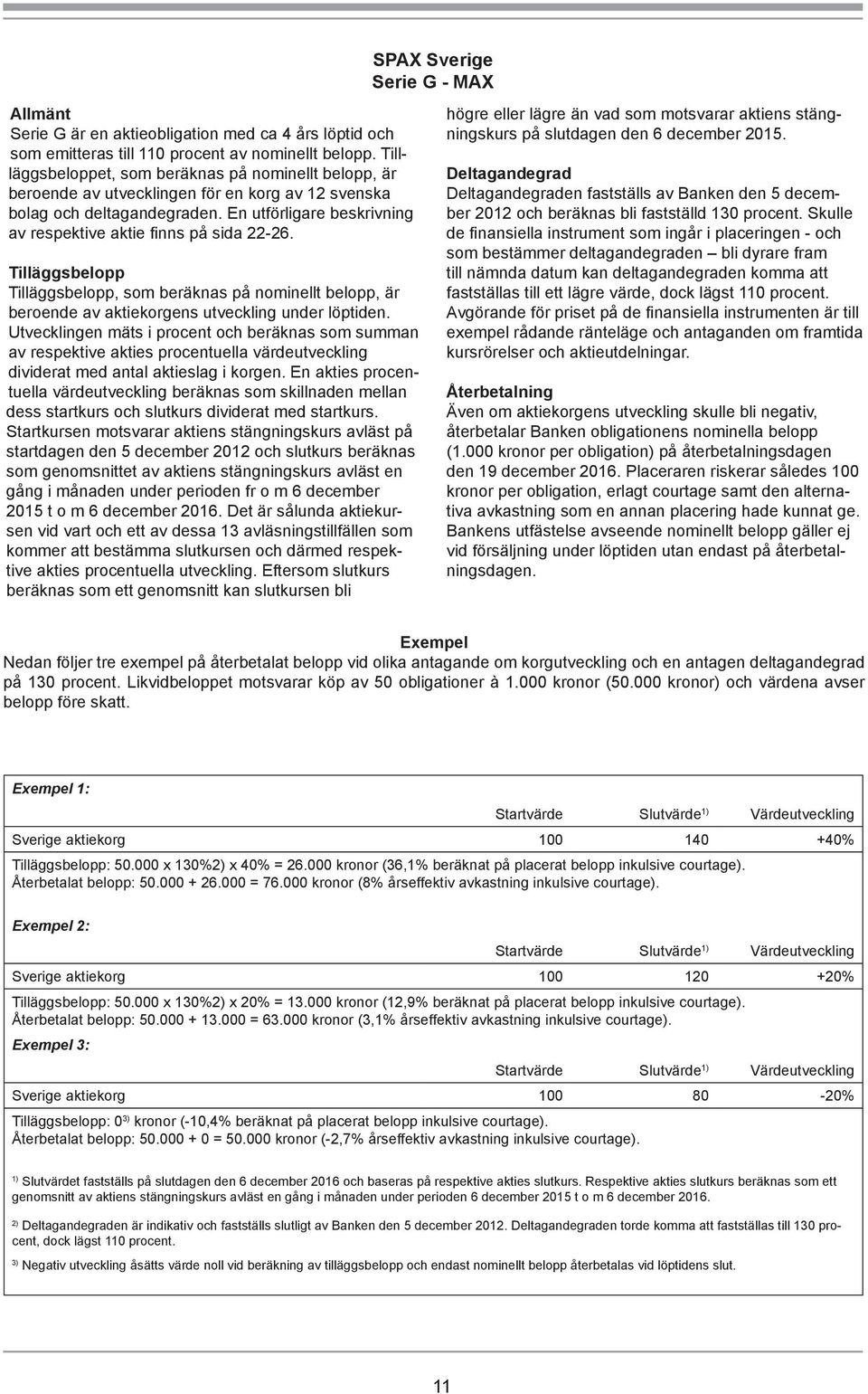 En utförligare beskrivning av respektive aktie finns på sida 22-26. Tilläggsbelopp Tilläggsbelopp, som beräknas på nominellt belopp, är beroende av aktiekorgens utveckling under löptiden.