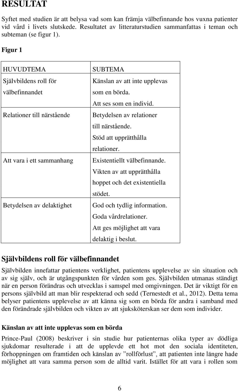 Figur 1 HUVUDTEMA Självbildens roll för välbefinnandet Relationer till närstående Att vara i ett sammanhang Betydelsen av delaktighet SUBTEMA Känslan av att inte upplevas som en börda.