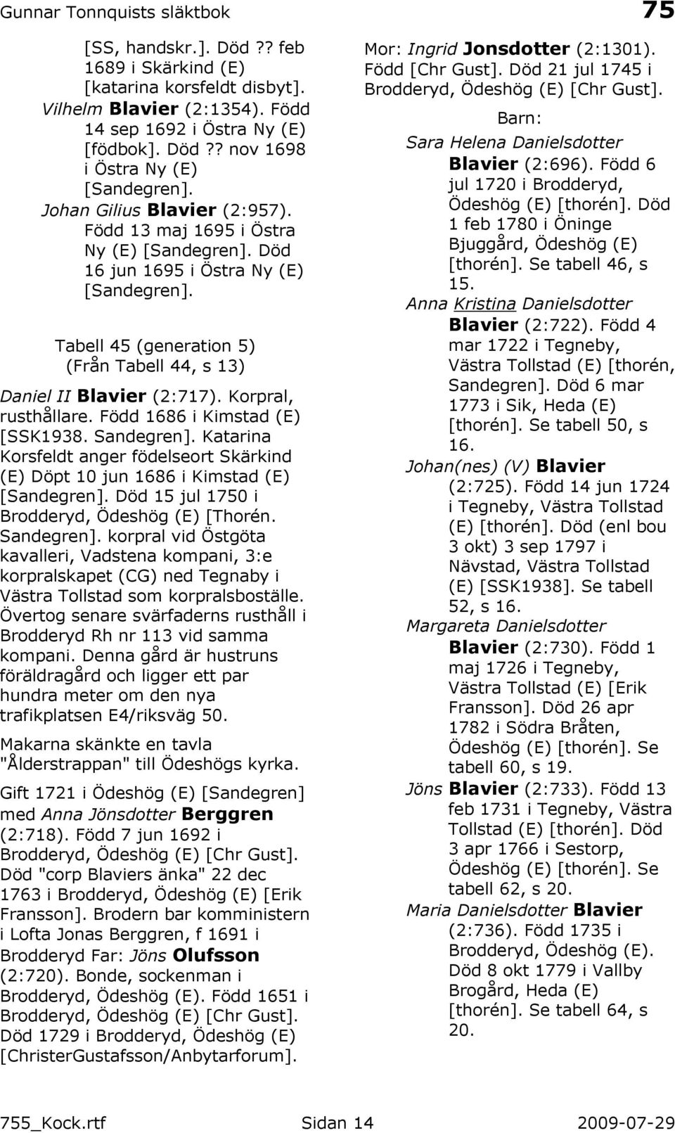 Korpral, rusthållare. Född 1686 i Kimstad (E) [SSK1938. Sandegren]. Katarina Korsfeldt anger födelseort Skärkind (E) Döpt 10 jun 1686 i Kimstad (E) [Sandegren].