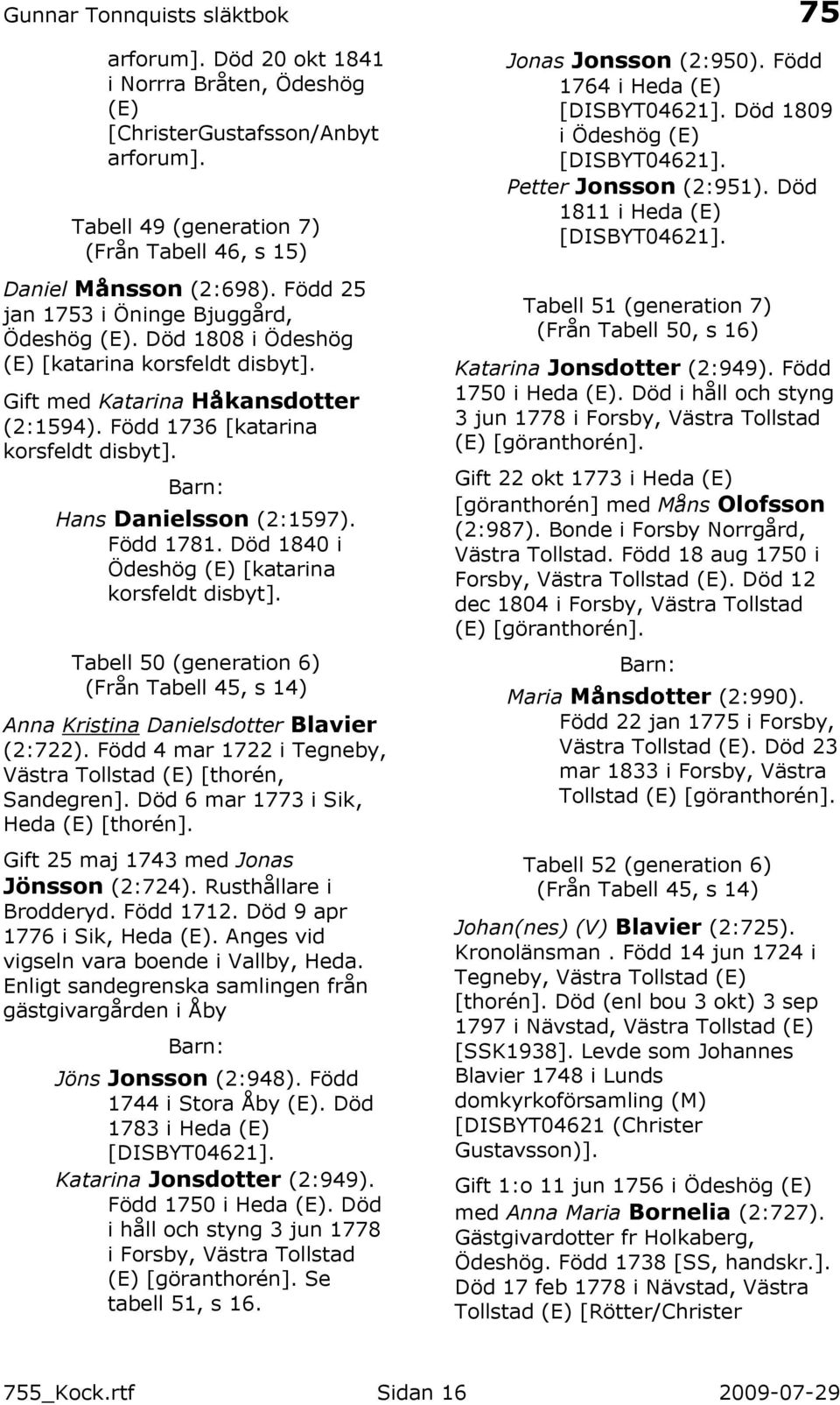 Hans Danielsson (2:1597). Född 1781. Död 1840 i Ödeshög (E) [katarina korsfeldt disbyt]. Tabell 50 (generation 6) (Från Tabell 45, s 14) Anna Kristina Danielsdotter Blavier (2:722).