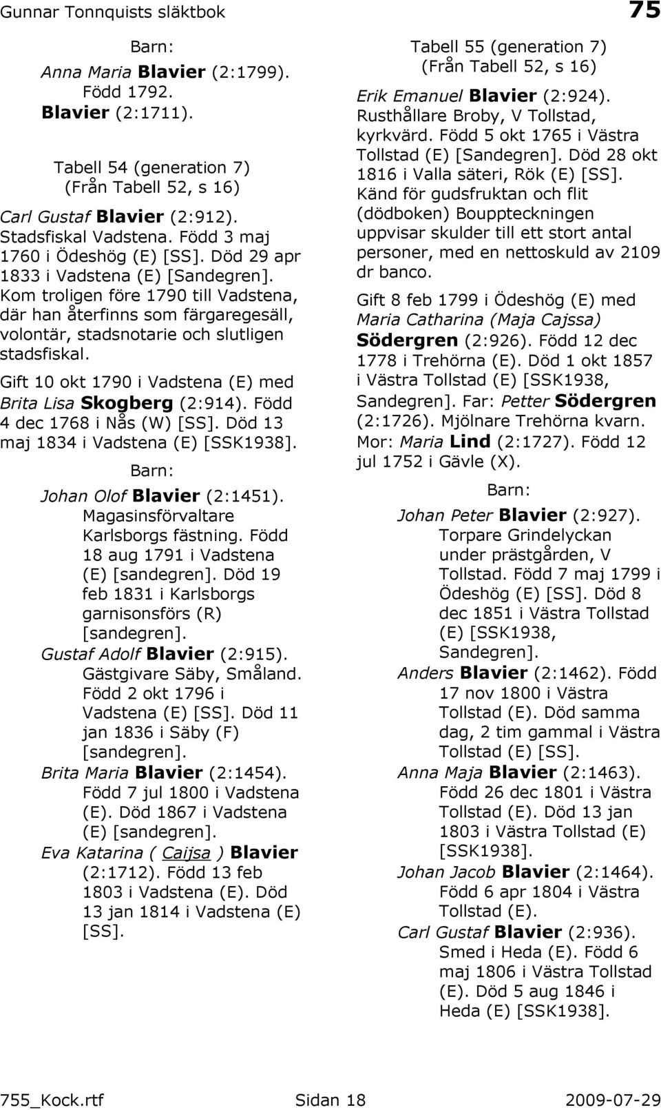 Gift 10 okt 1790 i Vadstena (E) med Brita Lisa Skogberg (2:914). Född 4 dec 1768 i Nås (W) [SS]. Död 13 maj 1834 i Vadstena (E) [SSK1938]. Johan Olof Blavier (2:1451).