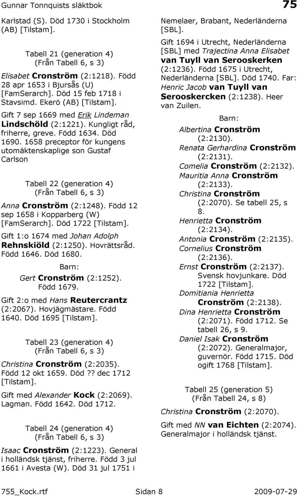 1658 preceptor för kungens utomäktenskaplige son Gustaf Carlson Tabell 22 (generation 4) (Från Tabell 6, s 3) Anna Cronström (2:1248). Född 12 sep 1658 i Kopparberg (W) [FamSerarch].