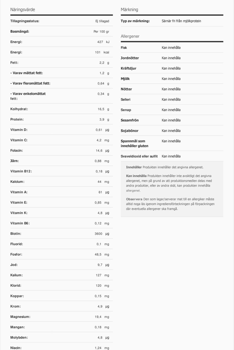 Sojabönor Vitamin C: 4,2 mg Folacin: 14,6 µg Järn: 0,88 mg Spannmål som innehåller gluten Svaveldioxid eller sulfit Vitamin B12: 0,18 µg Kalcium: 44 mg Vitamin A: 61 µg Vitamin E: 0,85 mg Vitamin K: