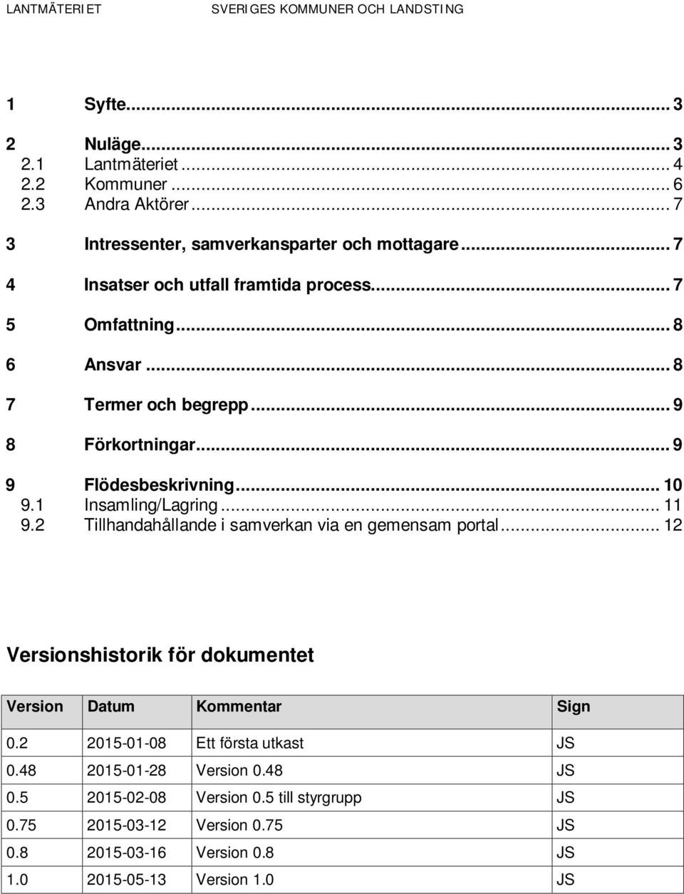 1 Insamling/Lagring... 11 9.2 Tillhandahållande i samverkan via en gemensam portal... 12 Versionshistorik för dokumentet Version Datum Kommentar Sign 0.