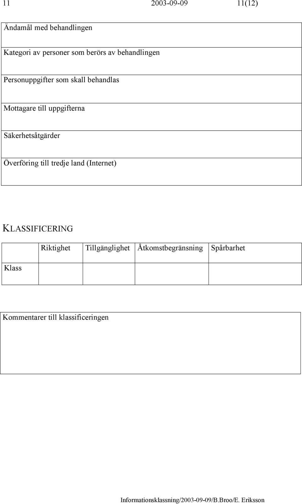 Säkerhetsåtgärder Överföring till tredje land (Internet) KLASSIFICERING Klass