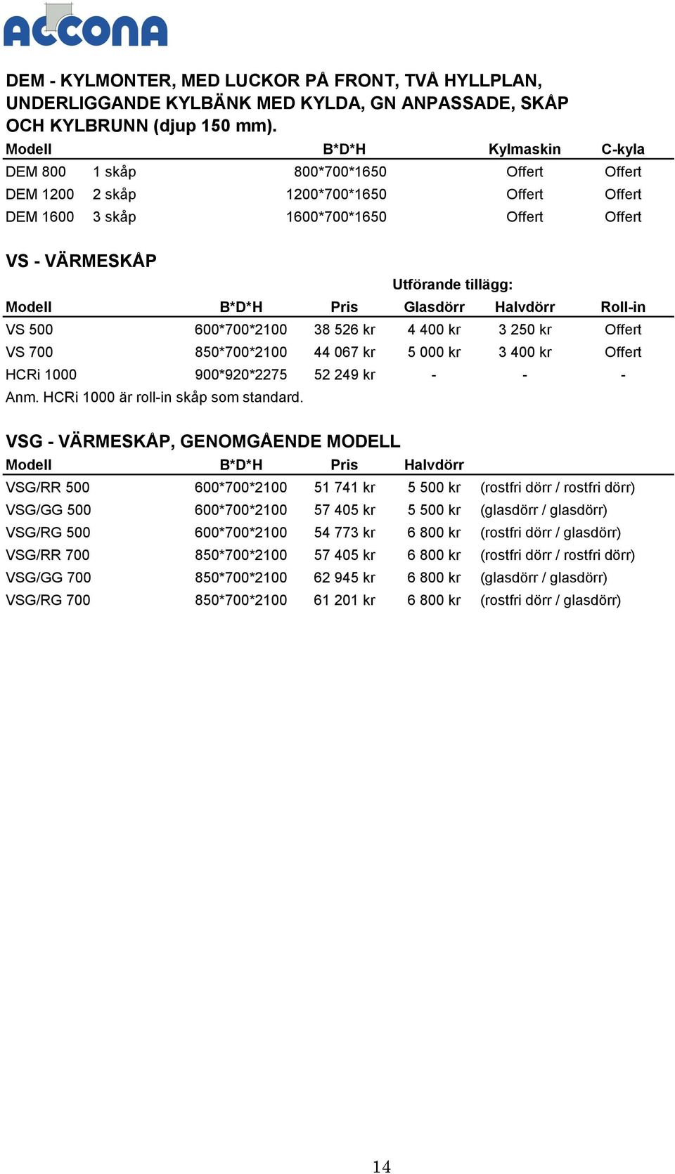 Roll-in VS 500 600*700*2100 38 526 kr 4 400 kr 3 250 kr Offert VS 700 850*700*2100 44 067 kr 5 000 kr 3 400 kr Offert HCRi 1000 900*920*2275 52 249 kr - - - Anm.