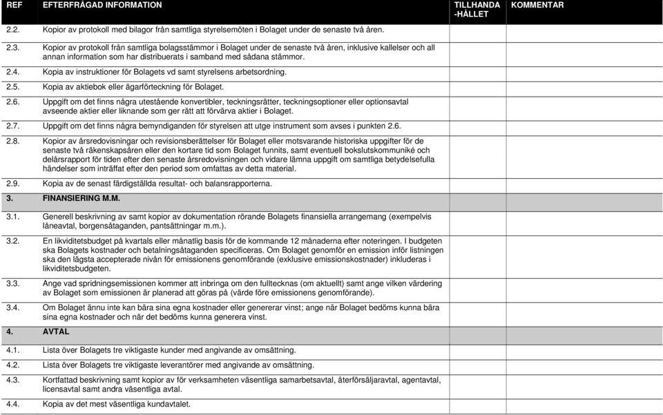 Kopia av instruktioner för Bolagets vd samt styrelsens arbetsordning. 2.5. Kopia av aktiebok eller ägarförteckning för Bolaget. 2.6.