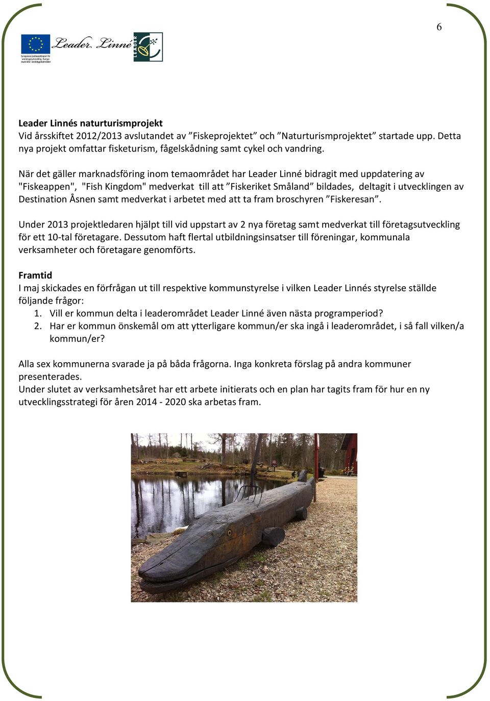 När det gäller marknadsföring inom temaområdet har Leader Linné bidragit med uppdatering av "Fiskeappen", "Fish Kingdom" medverkat till att Fiskeriket Småland bildades, deltagit i utvecklingen av