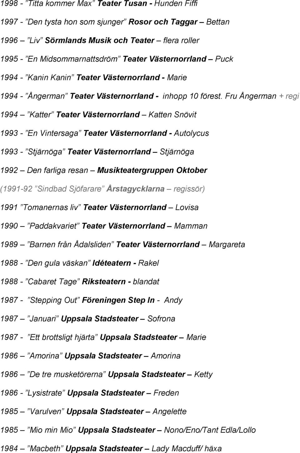 Fru Ångerman + regi 1994 Katter Teater Västernorrland Katten Snövit 1993 - En Vintersaga Teater Västernorrland - Autolycus 1993 - Stjärnöga Teater Västernorrland Stjärnöga 1992 Den farliga resan