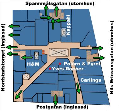 Figur 3. Översiktsbild plan 2. Gröna pilar visar utrymningsvägar.