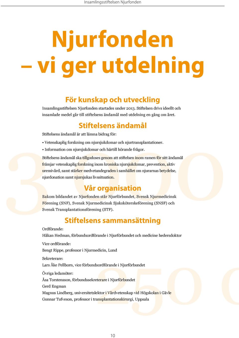 Stiftelsens ändamål Stiftelsens ändamål är att lämna bidrag för: Vetenskaplig forskning om njursjukdomar och njurtransplantationer. Information om njursjukdomar och härtill hörande frågor.