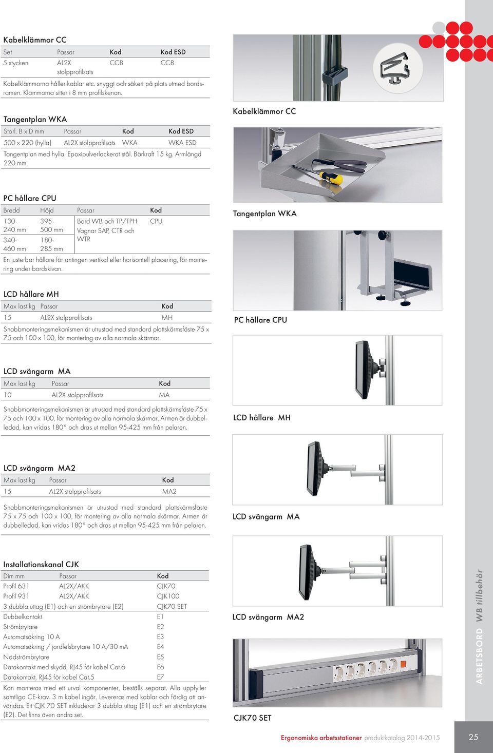 Kabelklämmor CC PC hållare CPU Bredd Höjd 130-240 mm 340-460 mm 395-500 mm 180-285 mm Bord WB och TP/TPH Vagnar SAP, CTR och WTR CPU En justerbar hållare för antingen vertikal eller horisontell