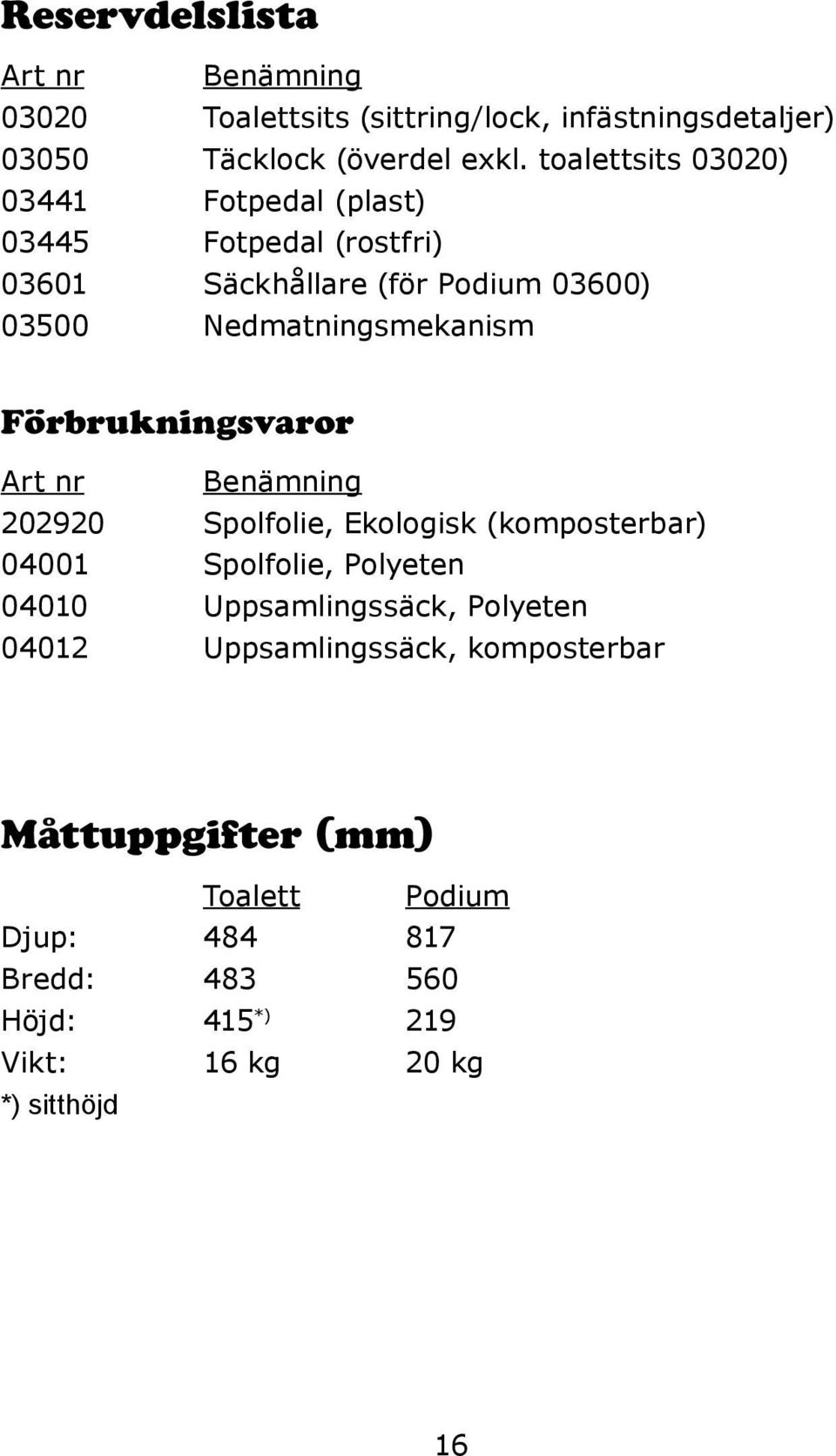 Förbrukningsvaror Art nr Benämning 202920 Spolfolie, Ekologisk (komposterbar) 04001 Spolfolie, Polyeten 04010 Uppsamlingssäck,