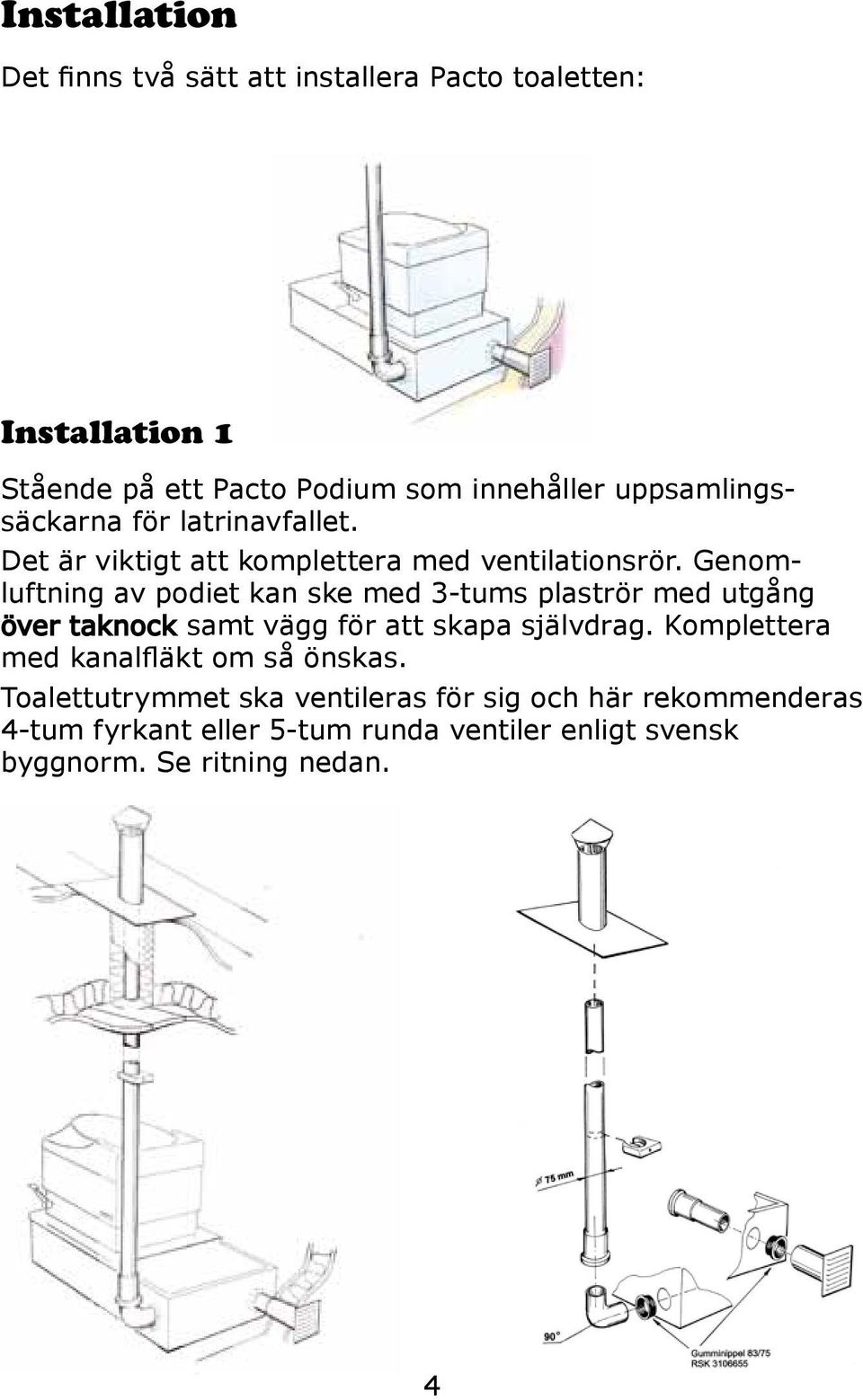 Genomluftning av podiet kan ske med 3-tums plaströr med utgång över taknock samt vägg för att skapa självdrag.