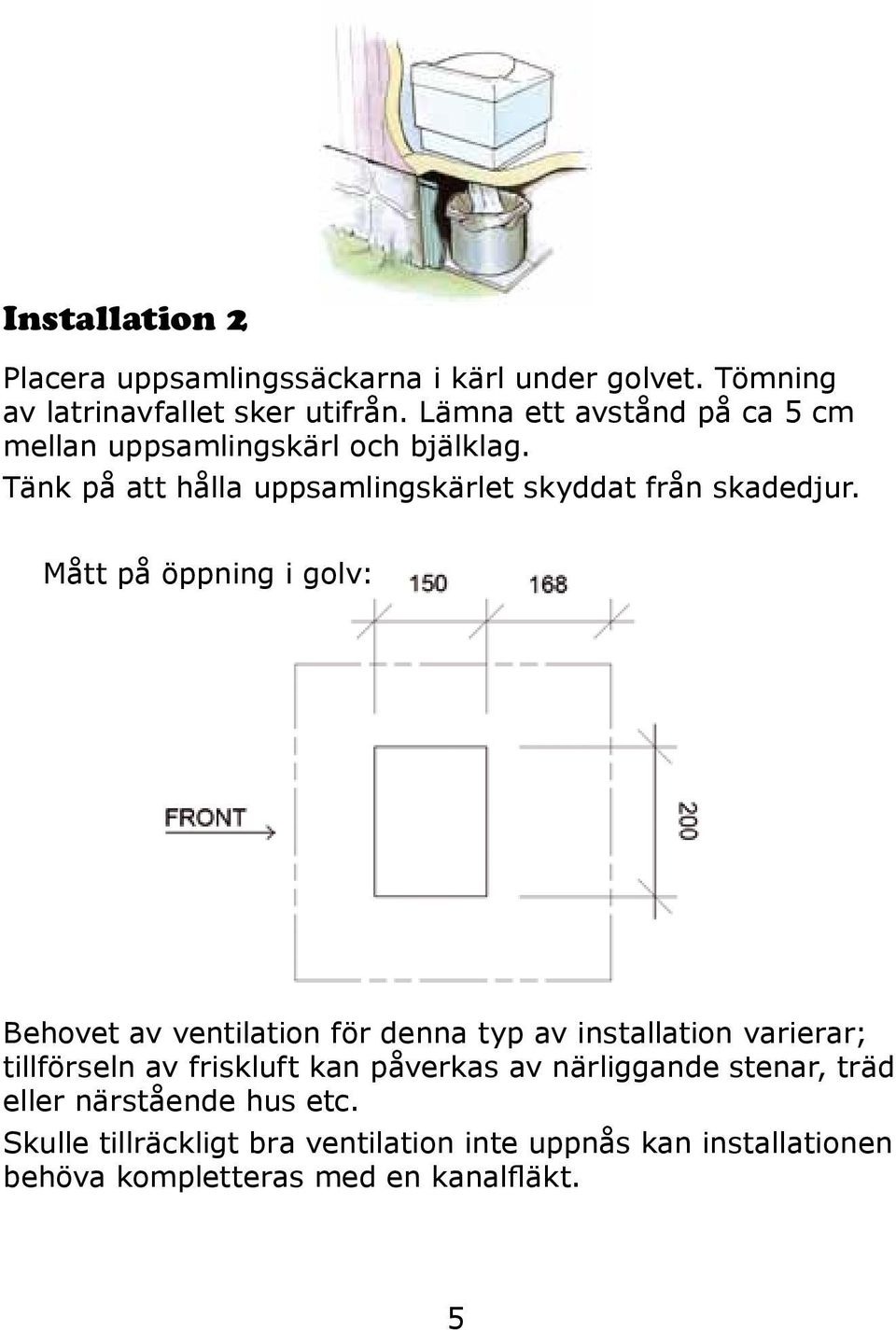 Mått på öppning i golv: Behovet av ventilation för denna typ av installation varierar; tillförseln av friskluft kan påverkas av