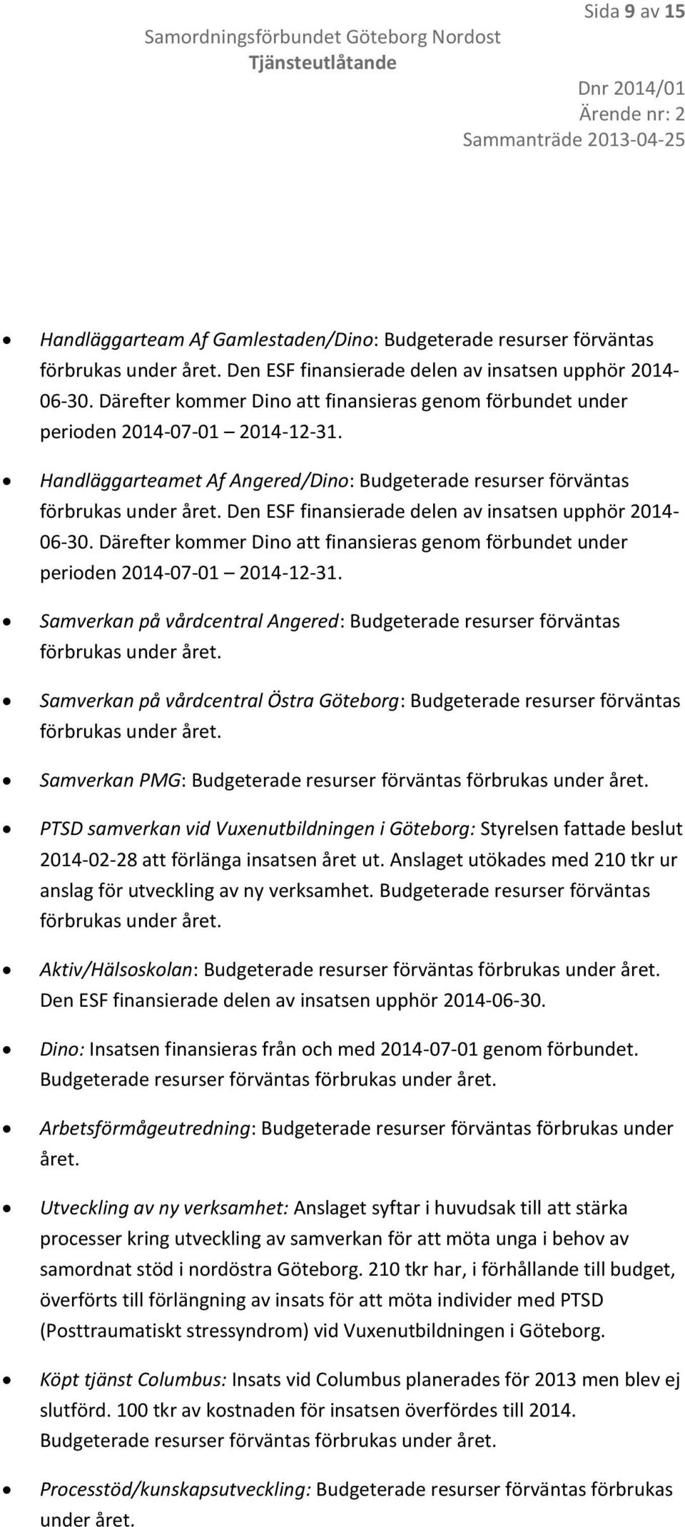 Den ESF finansierade delen av insatsen upphör 2014-06-30. Därefter kommer Dino att finansieras genom förbundet under perioden 2014-07-01 2014-12-31.