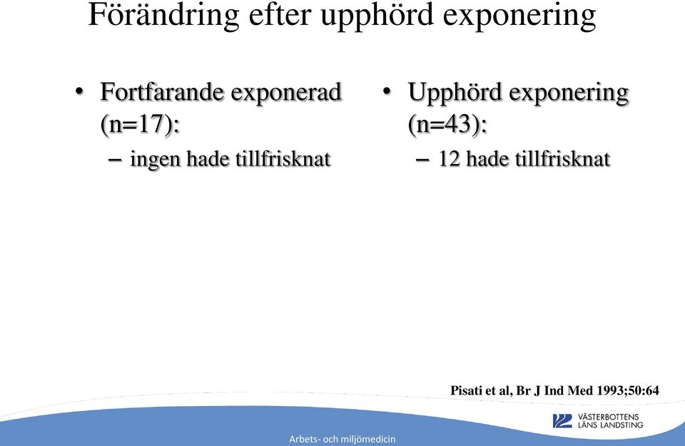 tillfrisknat Upphörd exponering (n=43): 12