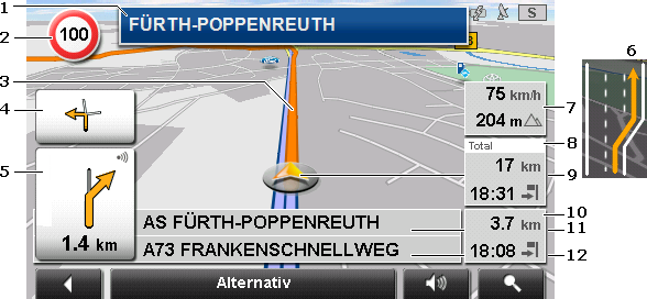 Klicka på Starta navigation för att börja resvägen. Resvägen måste eventuellt beräknas igen om du visar en planerad eller laddad resväg. Din aktuella position förekommer nu som startpunkt.