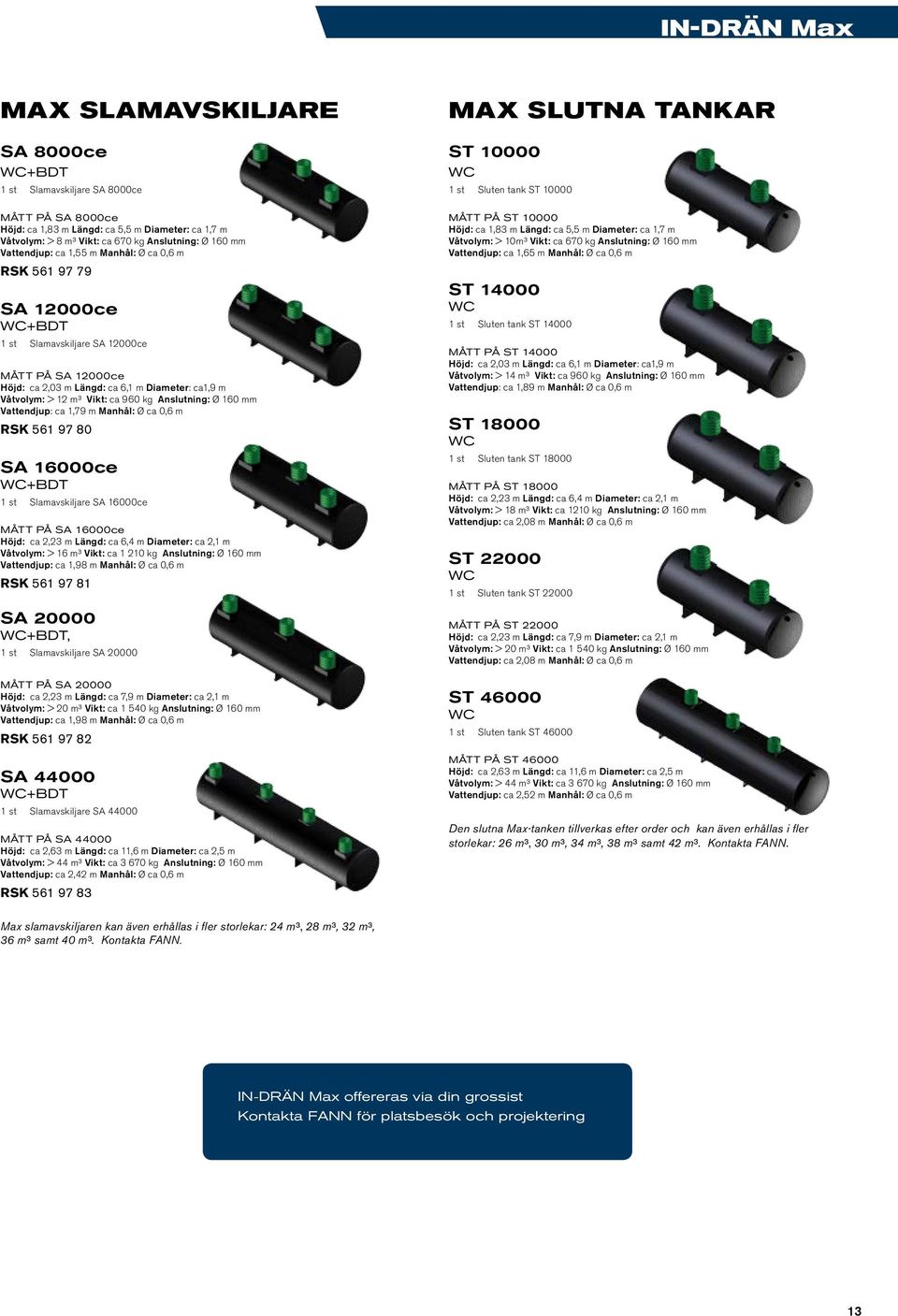 kg Anslutning: Ø 160 mm Vattendjup: ca 1,79 m Manhål: Ø ca 0,6 m RSK 561 97 80 SA 16000ce WC+BDT 1 st Slamavskiljare SA 16000ce PÅ SA 16000ce Höjd: ca 2,23 m Längd: ca 6,4 m Diameter: ca 2,1 m
