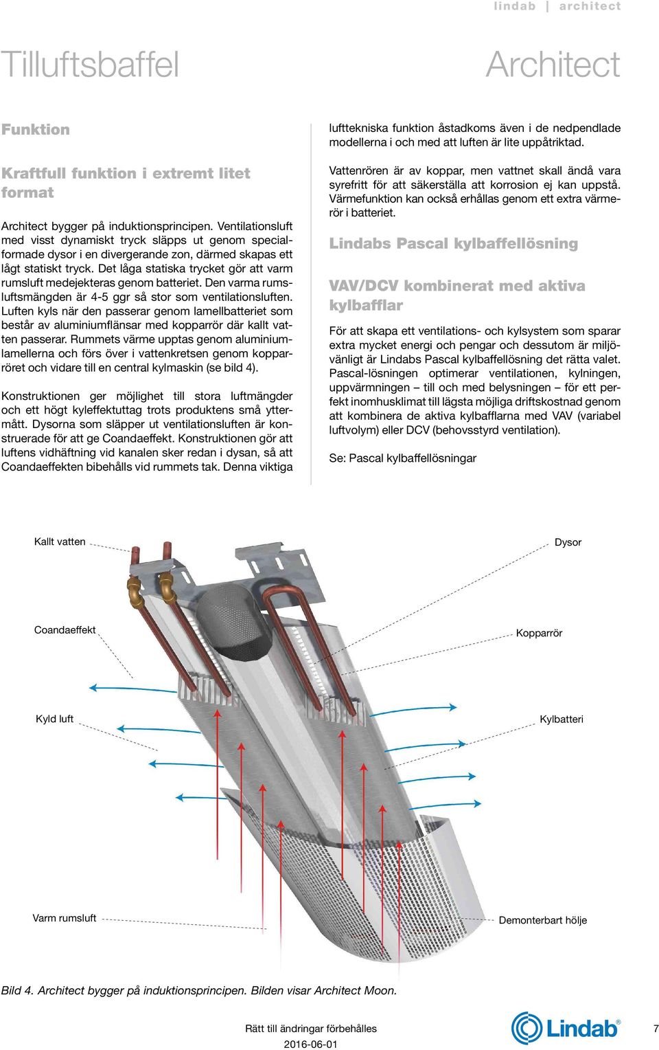 Det låga statiska trycket gör att varm rumsluft medejekteras genom batteriet. Den varma rumsluftsmängden är 4-5 ggr så stor som ventilationsluften.