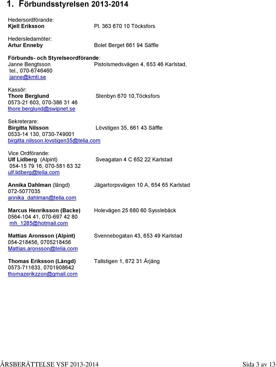 se Kassör: Thore Berglund 0573-21 603, 070-386 31 46 thore.berglund@swipnet.se Stenbyn 670 10,Töcksfors Sekreterare: Birgitta Nilsson Lövstigen 35, 661 43 Säffle 0533-14 130, 0730-749001 birgitta.